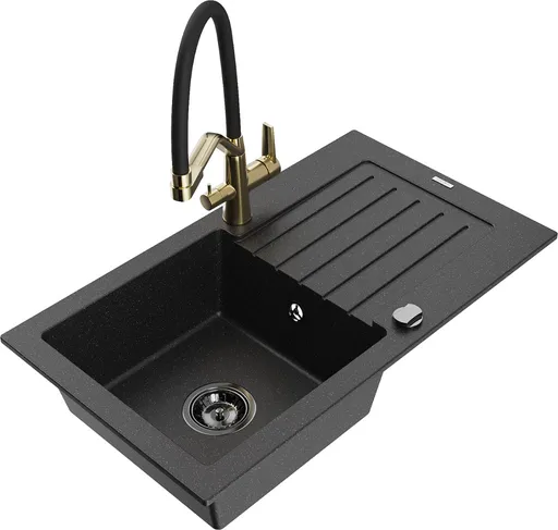 MEXEN/S Pablo granitový dřez s odkapávačem včetně baterie Duo, černá/stříbrná metalik 6510-73-671701-57-B