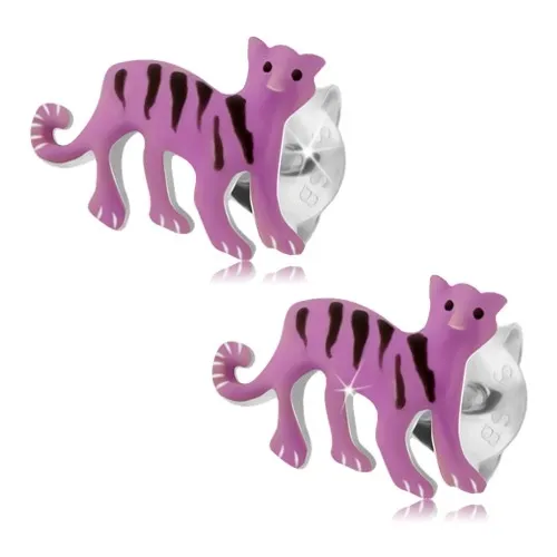 Stříbrné náušnice 925, fialový tygr s černými proužky, puzetky