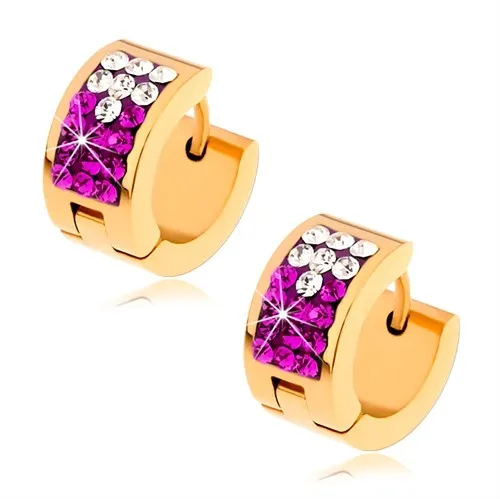 Lesklé ocelové náušnice zlaté barvy, čiré a fuchsiové zirkony