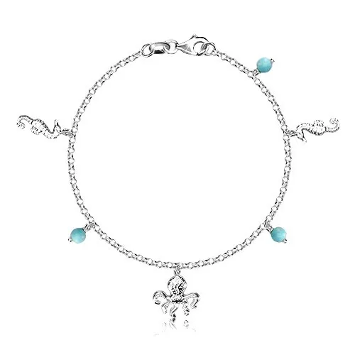 Náramek ze stříbra 925 - kuličky, mořský koník a chobotnice, karabinka