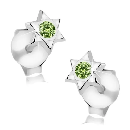 Stříbrné 925 náušnice, Davidova hvězda, kulatý zelený krystal Swarovski