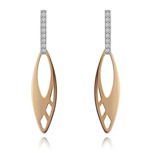 Zlaté náušnice 585 - ploché zrnko s výřezy, svislý pás čirých zirkonků