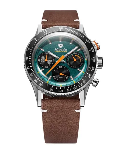 Nivada Grenchen Chronoking Mecaquartz Racing Green - Inter. Bezel - Brown Leather White Stitching