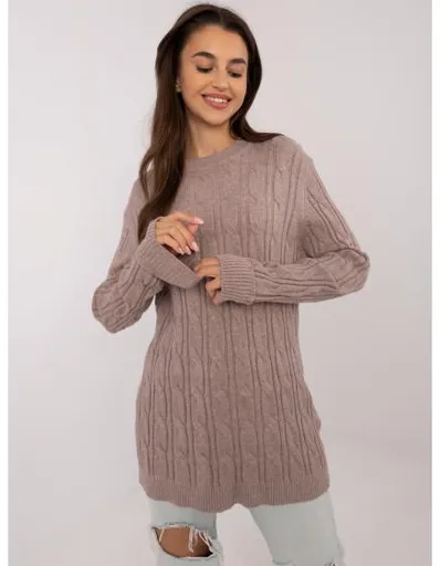 Dámský svetr s kostkami a kulatým výstřihem tmavě béžový