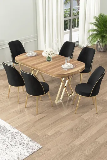 Dining Table & Chairs Set (7 Pieces) Lai - Light Walnut, Gold, Black