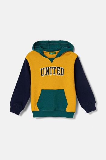 Dětská bavlněná mikina United Colors of Benetton žlutá barva, s kapucí, s potiskem, 3J68G200Q