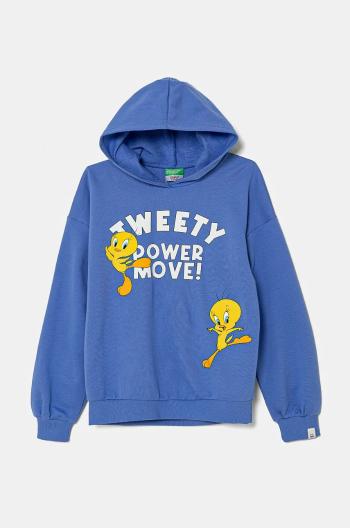 Dětská bavlněná mikina United Colors of Benetton x Looney Tunes modrá barva, s kapucí, s potiskem, 3J68C204B