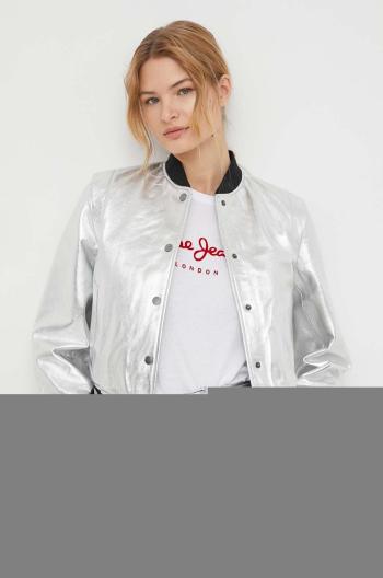 Kožená bomber bunda Pepe Jeans SELENA dámská, stříbrná barva, přechodná, PL402325