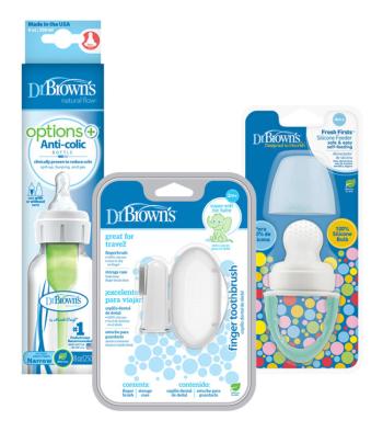 DR.BROWN'S Set láhev plast 250 ml + Savička FreshFirst tyrkys + Prstový zubní kartáček