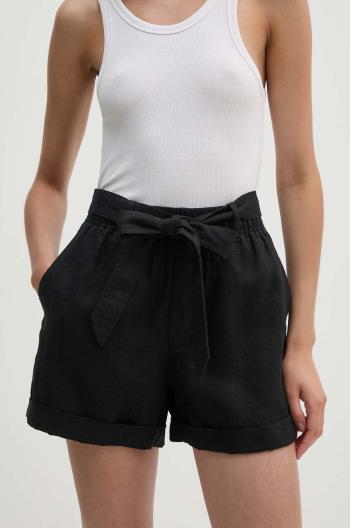 Lněné kraťasy Polo Ralph Lauren černá barva, hladké, high waist, 211806907