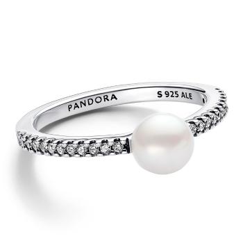 Pandora Blyštivý stříbrný prsten s pravou perlou Timeless 193158C01 56 mm
