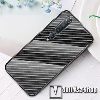 GLASS CASE műanyag védő tok / hátlap védő edzett üveg - KARBON MINTÁS - szilikon szegély - Xiaomi Mi 10 Pro 5G