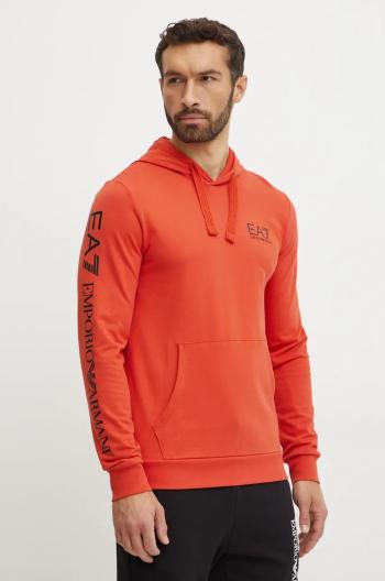 Bavlněná mikina EA7 Emporio Armani pánská, oranžová barva, s kapucí, s potiskem, PJ05Z.8NPM18