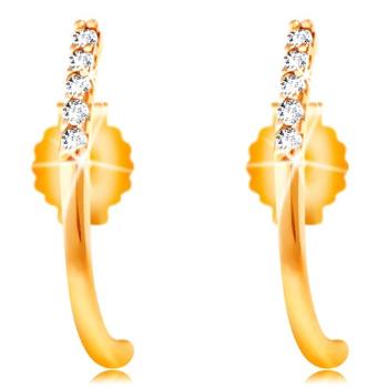 Náušnice v žltom 14K zlate - lesklá zahnutá línia zdobená čírymi zirkónmi