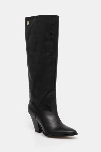 Kozačky Tommy Hilfiger HIGH COWBOY HEEL BOOT LEATHER dámské, černá barva, na podpatku, FW0FW08296