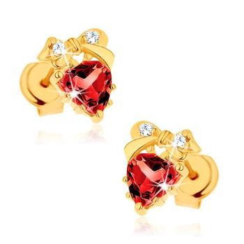 Zlaté náušnice 14K s granátom v tvare srdca a zirkónovou mašľou