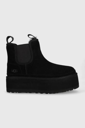 Semišové kotníkové boty UGG W Neumel Platform Chelsea dámské, černá barva, na platformě, zateplené