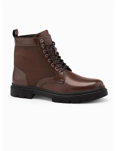 Pánské trapery s vysokým svrškem z kombinovaných materiálů – tmavě hnědé V2 OM-FOBO-0174