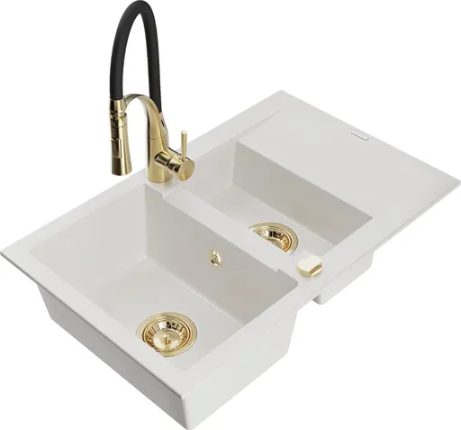 MEXEN/S Gaspar granitový dřez 1.5 s odkapávačem včetně baterie Aster, bílá 6507-20-73450-57-G