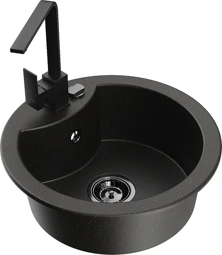 MEXEN/S Diego granitový dřez 1-miska včetně baterie Rita, černý/zlatý metalik 6512-75-670300-70-B