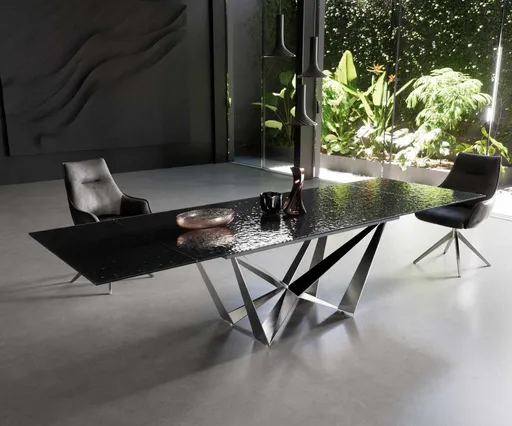 Jídelní stůl Edge 200-300x100 reliéfní sklo kouřové černá 3D