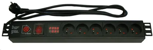 19'' rozvodný panel XtendLan 6x 230V, ČSN, vypínač, nadproudová ochrana 16A, měření spotřeby, kabel 1, 8m, 1, 5U