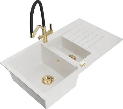 MEXEN/S Matias granitový dřez 1.5 s odkapávačem včetně baterie Duo, bílá 6502-20-671701-57-G