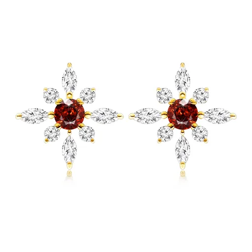 Náušnice ze žlutého 14K zlata květ s kulatým granátem a zirkony
