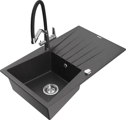 MEXEN/S Cesar granitový dřez s odkapávačem včetně baterie Duo, černá kropenatá 6514-76-671701-07
