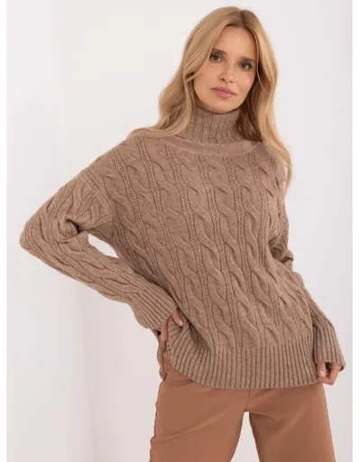 Dámský svetr s rolákem a náplety tmavě béžový