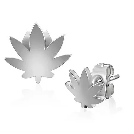 Puzetové náušnice, ocel 316L, stříbrná barva, marihuanový list