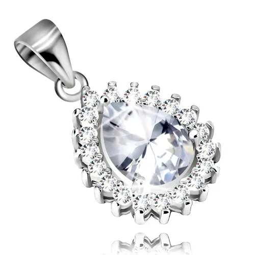 Rhodiovaný stříbrný přívěsek 925 - čirá zirkonová slza s vroubkovaným lemem