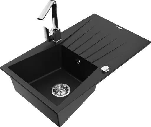 MEXEN/S Cesar granitový dřez 1-miska s odkapávačem včetně baterie Rita, černý 6514-77-670300-00
