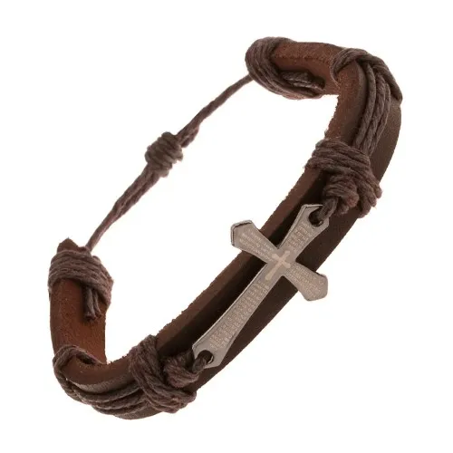 Náramek z tmavohnědé kůže a šňůrek, velký lesklý kříž s modlitbou