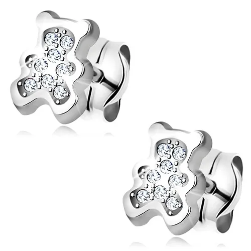 Náušnice v bílém zlatě 585 - medvídek vykládaný čirými zirkony, puzetky