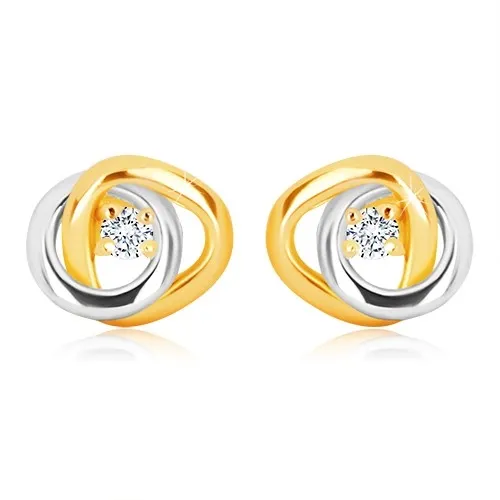 Náušnice ve 14K zlatě - dvoubarevné propojené prstence, čirý třpytivý briliant