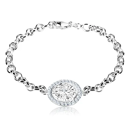 Stříbrný náramek 925 - kruh s ozdobně vyřezávaným květem a zirkony