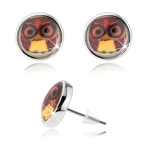 Náušnice kabošon, glazura, puzetky, obrázek moudré sovy