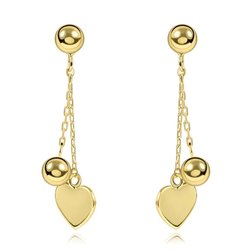 Zlaté náušnice ze 14K zlata se dvěma řetízky, srdcem a kuličkou