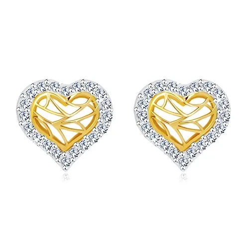 Náušnice ve 14K zlatě - srdíčko se zirkonovým obrysem a výřezy uprostřed