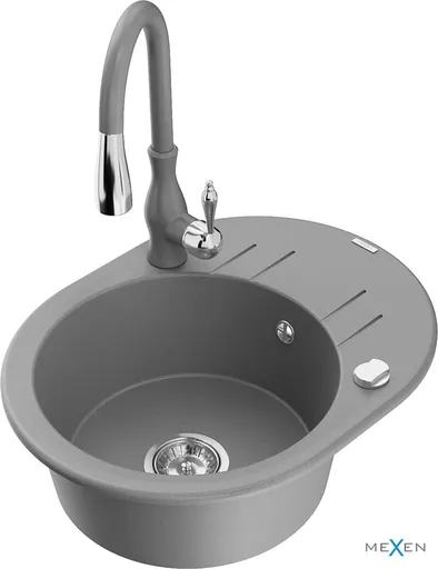 MEXEN/S Kevin granitový dřez 1 s odkapávačem včetně baterie Savita, šedá 6517-71-672601-71