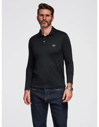 Polo tričko s dlouhým rukávem a elegantními knoflíky s logem značky – černé V1 OM-POLS-0139