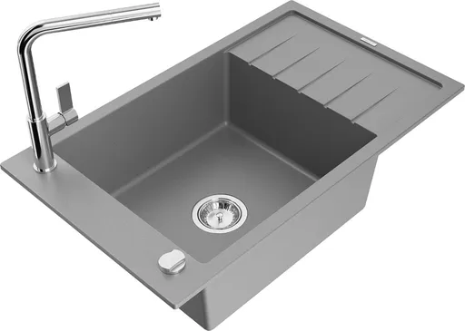 MEXEN/S Elias granitový dřez 1 s odkapávačem včetně baterie Flora, šedá 6511-71-670401-00