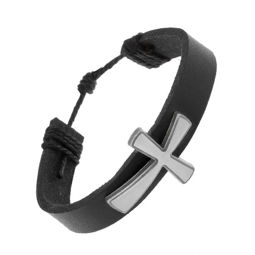 Kožený náramek černé barvy, velký patinovaný kříž s matným povrchem