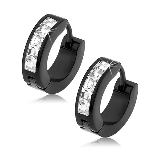 Ocelové náušnice černé barvy, bílý proužek vykládaný čirými zirkony