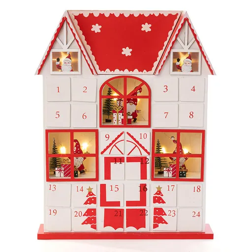Dřevěný LED adventní kalendář s šuplíčky DOMEK červený