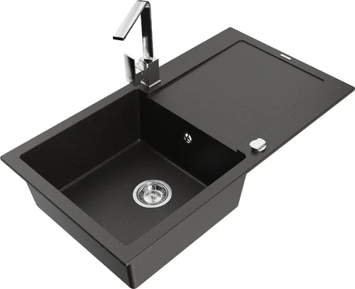 MEXEN/S Leo granitový dřez 1-miska s odkapávačem včetně baterie Rita, černý/zlatý metalik 6501-75-670300-00