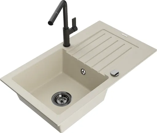 MEXEN/S Pablo granitový dřez 1 s odkapávačem včetně baterie Flora, béžová 6510-69-670401-70-B