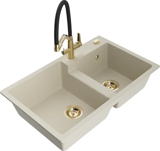 MEXEN/S Tomas granitový dřez 2-bowly včetně baterie Duo, béžová 6516-69-671701-57-G