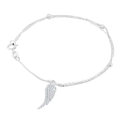 Stříbrný 925 náramek s dvojitým řetízkem, třpytivé andělské křídlo, kuličky